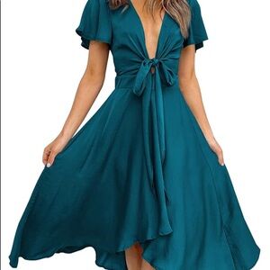 Satin V Neck Ruffle Short Sleeve Tie Front High Waist Midi A-Line Maxi Dress